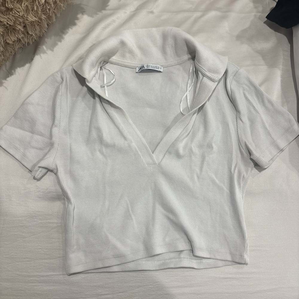Zara White Polo Crop Top Short Sleeve Fitted